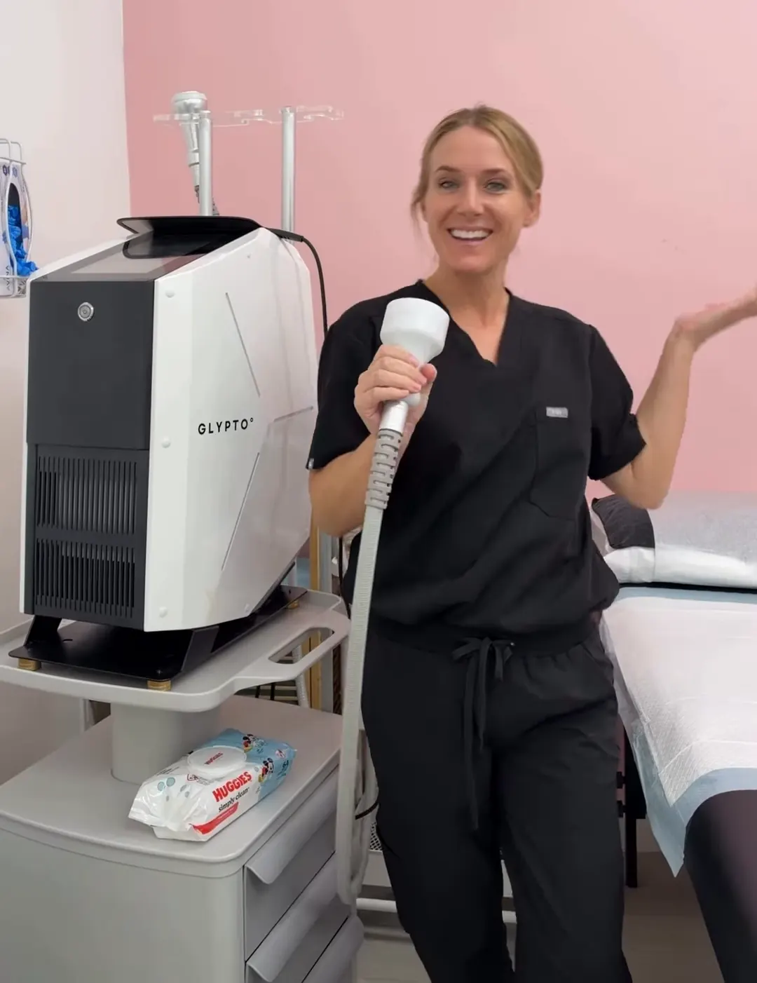 A Body Sculpt LA specialist beside the Glypto cryotherapy device in one of our Burbank treatment rooms